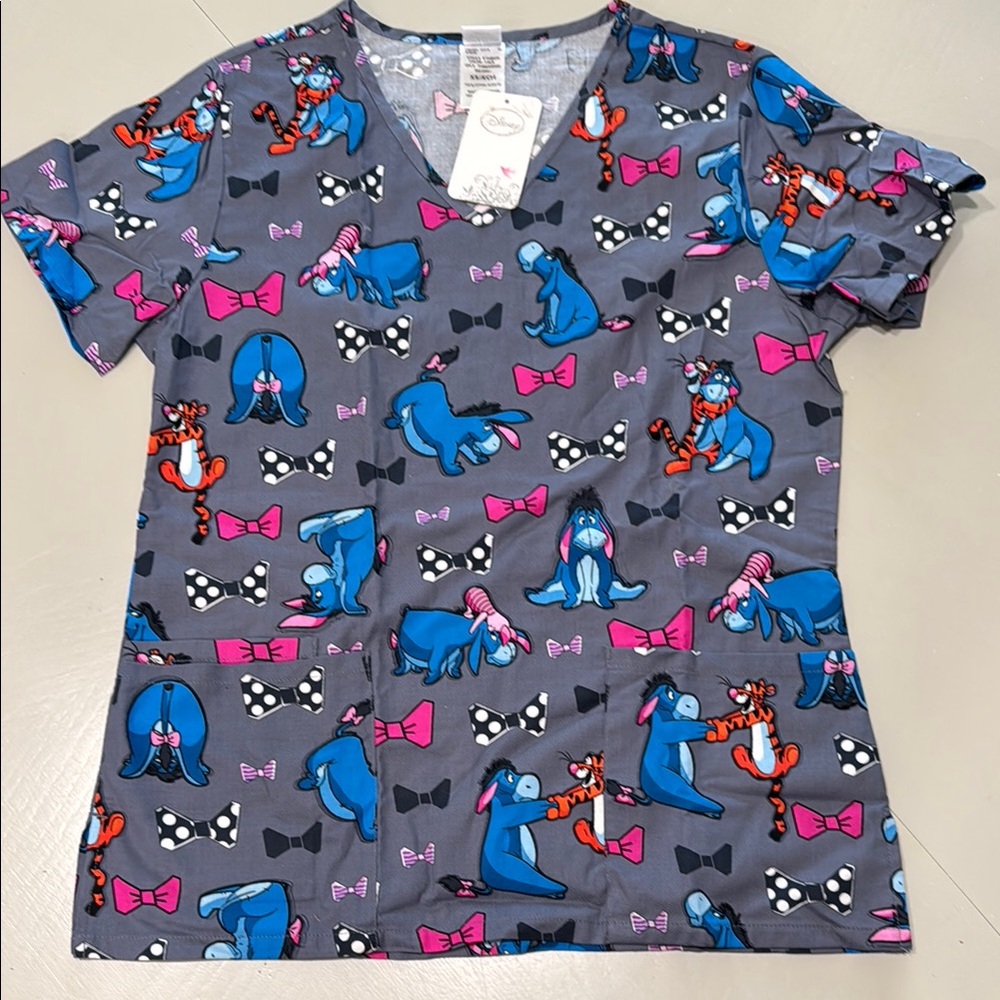 Disney Eeyore and Tigger Piglet Gray Scrub Top